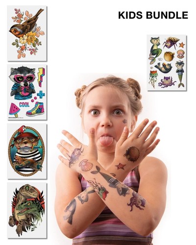 Tattoo Set mit bunten, kinderfreundlichen Tier- und Fantasiemotiven im Illustrationsstil Tattoo Set mit bunten, kinderfreundlichen Tier- und Fantasiemotiven im Illustrationsstil