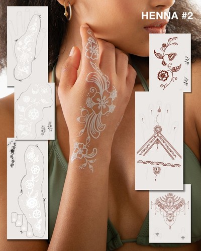 Tattoo Set mit weißen und braunen Henna-Mustern im floralen und ornamentalen Stil Tattoo Set mit weißen und braunen Henna-Mustern im floralen und ornamentalen Stil