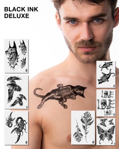 Tattoo Set mit detaillierten schwarzen Motiven im düsteren, kraftvollen Illustrationsstil Tattoo Set mit detaillierten schwarzen Motiven im düsteren, kraftvollen Illustrationsstil