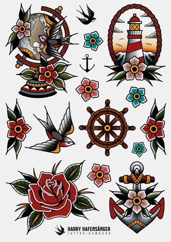 Tattoo Set mit klassischen nautischen Oldschool-Motiven in kräftigen Farben und klaren Linien. Tattoo Set mit klassischen nautischen Oldschool-Motiven in kräftigen Farben und klaren Linien.