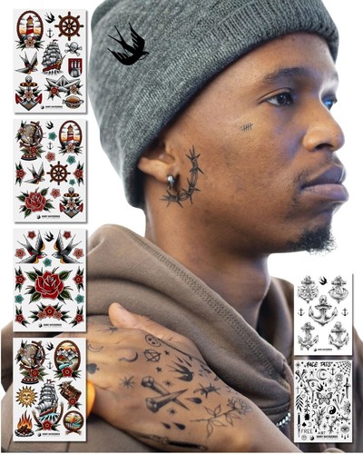 Tattoo Set mit klassischen nautischen Oldschool-Motiven in kräftigen Farben und klaren Linien. Tattoo Set mit klassischen nautischen Oldschool-Motiven in kräftigen Farben und klaren Linien.
