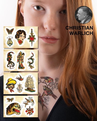 Tattoo Set mit klassischen Oldschool-Flash-Motiven im traditionellen Vintage-Stil Tattoo Set mit klassischen Oldschool-Flash-Motiven im traditionellen Vintage-Stil