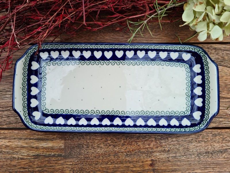 31,5 x 14 x 2 cm Servierplatte, Käseplatte, Anrichteplatte Dessert & Vorspeisen - Bunzlauer Keramik – Ceramika Artystyczna, , 500 ml Volumen, handbemalt - White Valentine