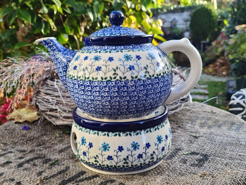 Stövchen mit Teekanne / Kaffeekanne / Kakaokanne 1200 ml – Bunzlauer Keramik – Ceramika Artystyczna – für 1 bis 6 Personen - Form 504 - Spring Hill