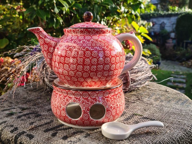 Stövchen mit Teekanne / Kaffeekanne / Kakaokanne 1200 ml – Bunzlauer Keramik – Ceramika Artystyczna – für 1 bis 6 Personen - Form 504 - Dekor 2691V