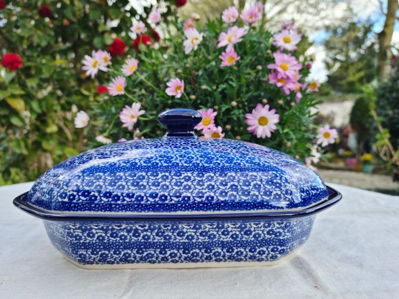 Schale mit Deckel aus Bunzlauer Keramik – 26 x 19 5 x 11 cm - 1,2 l – Ceramika Artystyczna – Backform, Servierschale & Käseplatte - Midnight Blue