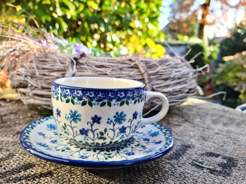Kaffeetasse mit Untertasse, Gedeck 175 ml Trinkvolumen - 230 ml maximale Füllmenge bei Überlauf – Bunzlauer Keramik – Ceramika Artystyczna – Cappuccinotasse, Espressotasse, Milchkaffeetasse, Teetasse – 15 cm Untertasse - Spring Hill