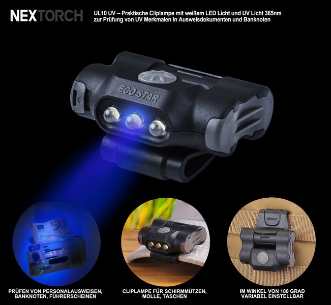 NEXTORCH UL10UV - LED- Cliplampe Weißlicht + UV Licht 365nm zur Dokumentenkontrolle für Kappen, Molle, Rucksäcke, Koppel, Gürtel, 40 Lumen weißlicht NEXTORCH UL10UV - LED- Cliplampe Weißlicht + UV Licht 365nm zur Dokumentenkontrolle für Kappen, Molle, Rucksäcke, Koppel, Gürtel, 40 Lumen weißlicht