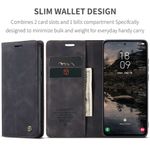 CASEME 013 Series Hülle von vorne und Innen aufgeklappt mit Telefon, Kreditkarten und Geldschein in Schwarz für Galaxy S25 FE