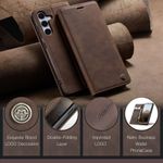 CASEME 013 Series Hülle schräg angelehnt von vorne und versetzt dahinter von hinten, darunter 4 bildhafte Vorteile nebeneinander in Coffee für Galaxy S25 FE
