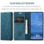 CASEME 013 Series Hülle von vorne und Innen aufgeklappt mit Telefon, Kreditkarten und Geldschein in Blau für Galaxy S25 FE