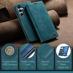 CASEME 013 Series Hülle schräg angelehnt von vorne und versetzt dahinter von hinten, darunter 4 bildhafte Vorteile nebeneinander in Blau für Galaxy S25 FE