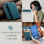 CASEME 013 Series Hülle schräg von vorne und von hinten, telefonierende Frau und beworbene Kartenslots in Blau für Galaxy S25 FE