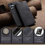 CASEME 013 Series Hülle schräg angelehnt von vorne und versetzt dahinter von hinten, darunter 4 bildhafte Vorteile nebeneinander in Schwarz für Galaxy S25 FE