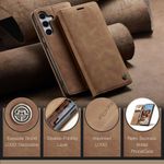 CASEME 013 Series Hülle schräg angelehnt von vorne und versetzt dahinter von hinten, darunter 4 bildhafte Vorteile nebeneinander in Braun für Galaxy S25 FE
