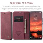 CASEME 013 Series Hülle von vorne und Innen aufgeklappt mit Telefon, Kreditkarten und Geldschein in Rot für Galaxy S25 FE