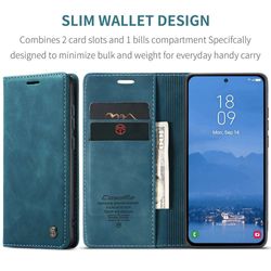 H130SA394A-CASEME-Handy-Tasche-fuer-Samsung-Galaxy-S25-FE-Wallet-013-Series-Huelle-Klapp-Etui_21.jpg CASEME 013 Series Hülle von vorne und Innen aufgeklappt mit Telefon, Kreditkarten und Geldschein in Blau für Galaxy S25 FE