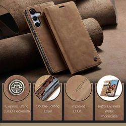 H130SA394A-CASEME-Handy-Tasche-fuer-Samsung-Galaxy-S25-FE-Wallet-013-Series-Huelle-Klapp-Etui_33.jpg CASEME 013 Series Hülle schräg angelehnt von vorne und versetzt dahinter von hinten, darunter 4 bildhafte Vorteile nebeneinander in Braun für Galaxy S25 FE