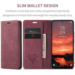 H130SA394A-CASEME-Handy-Tasche-fuer-Samsung-Galaxy-S25-FE-Wallet-013-Series-Huelle-Klapp-Etui_41.jpg CASEME 013 Series Hülle von vorne und Innen aufgeklappt mit Telefon, Kreditkarten und Geldschein in Rot für Galaxy S25 FE