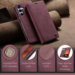 H130SA394A-CASEME-Handy-Tasche-fuer-Samsung-Galaxy-S25-FE-Wallet-013-Series-Huelle-Klapp-Etui_43.jpg CASEME 013 Series Hülle schräg angelehnt von vorne und versetzt dahinter von hinten, darunter 4 bildhafte Vorteile nebeneinander in Rot für Galaxy S25 FE