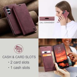 H130SA394A-CASEME-Handy-Tasche-fuer-Samsung-Galaxy-S25-FE-Wallet-013-Series-Huelle-Klapp-Etui_47.jpg CASEME 013 Series Hülle schräg von vorne und von hinten, telefonierende Frau und beworbene Kartenslots in Rot für Galaxy S25 FE