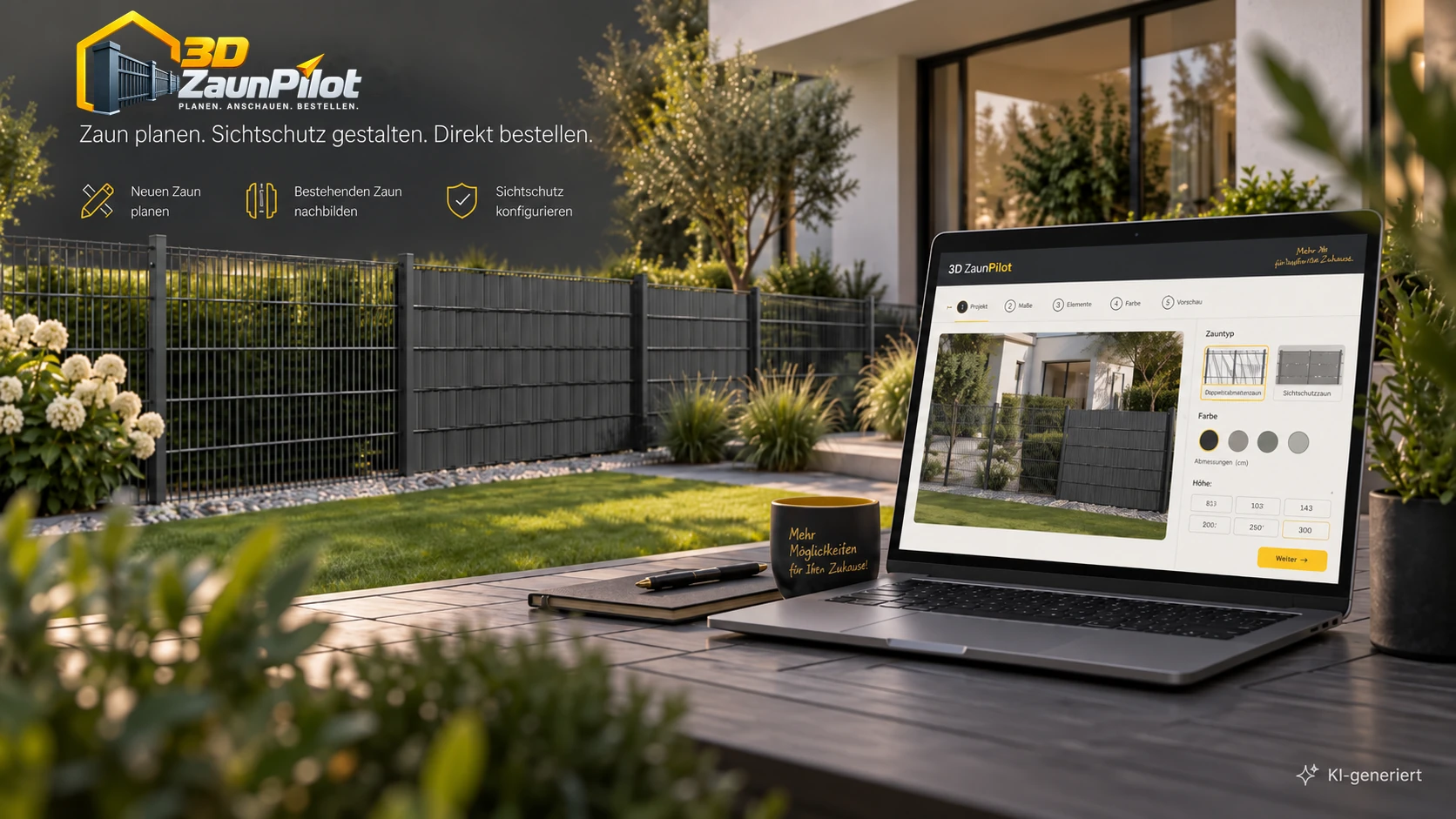 3D ZaunPilot: Zaun planen, Sichtschutz gestalten und direkt bestellen. Gartenmotiv mit Doppelstabmattenzaun und Laptop.