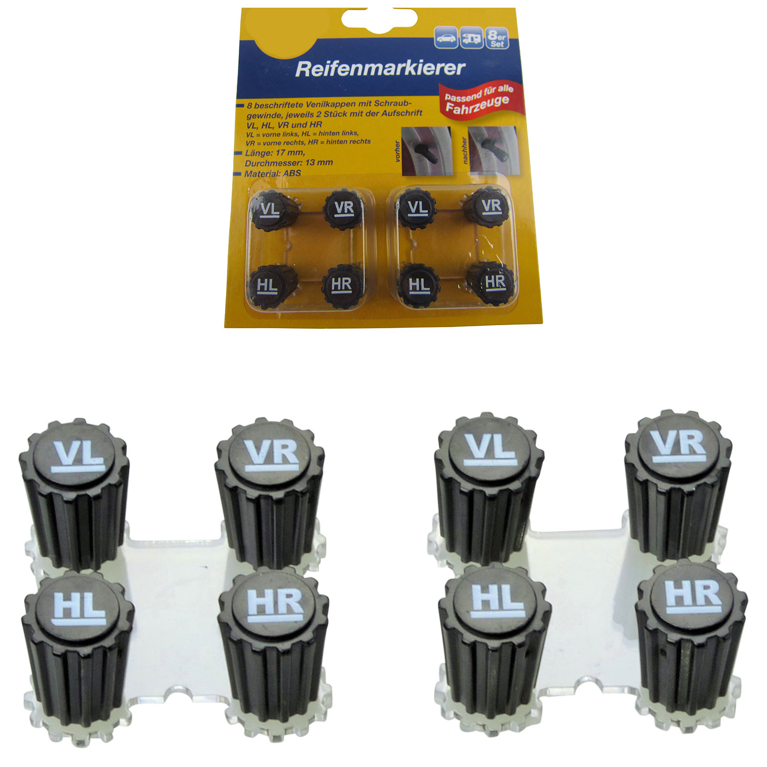 8x Reifenmarkierer Ventilkappen Deckel Set VORN + HINTEN Sommer Winter Reifen