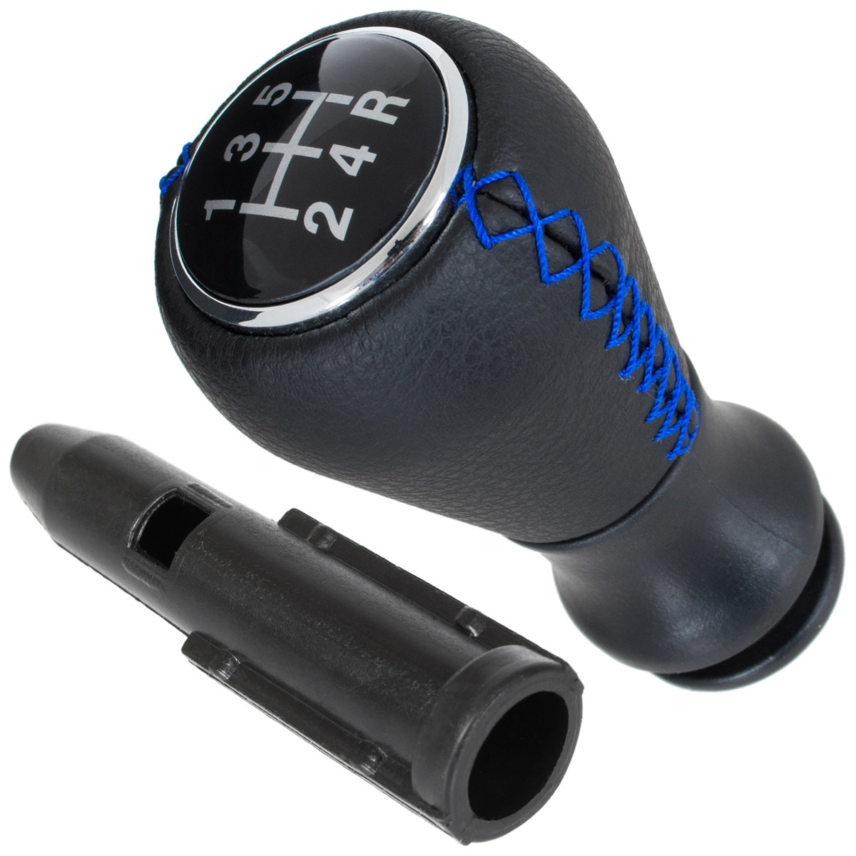 Schaltknauf Knauf 5-Gang Schwarz mit blauer Naht + Adapter Hülse für Peugeot 2008 II 3008 5008 Partner I II Tepee