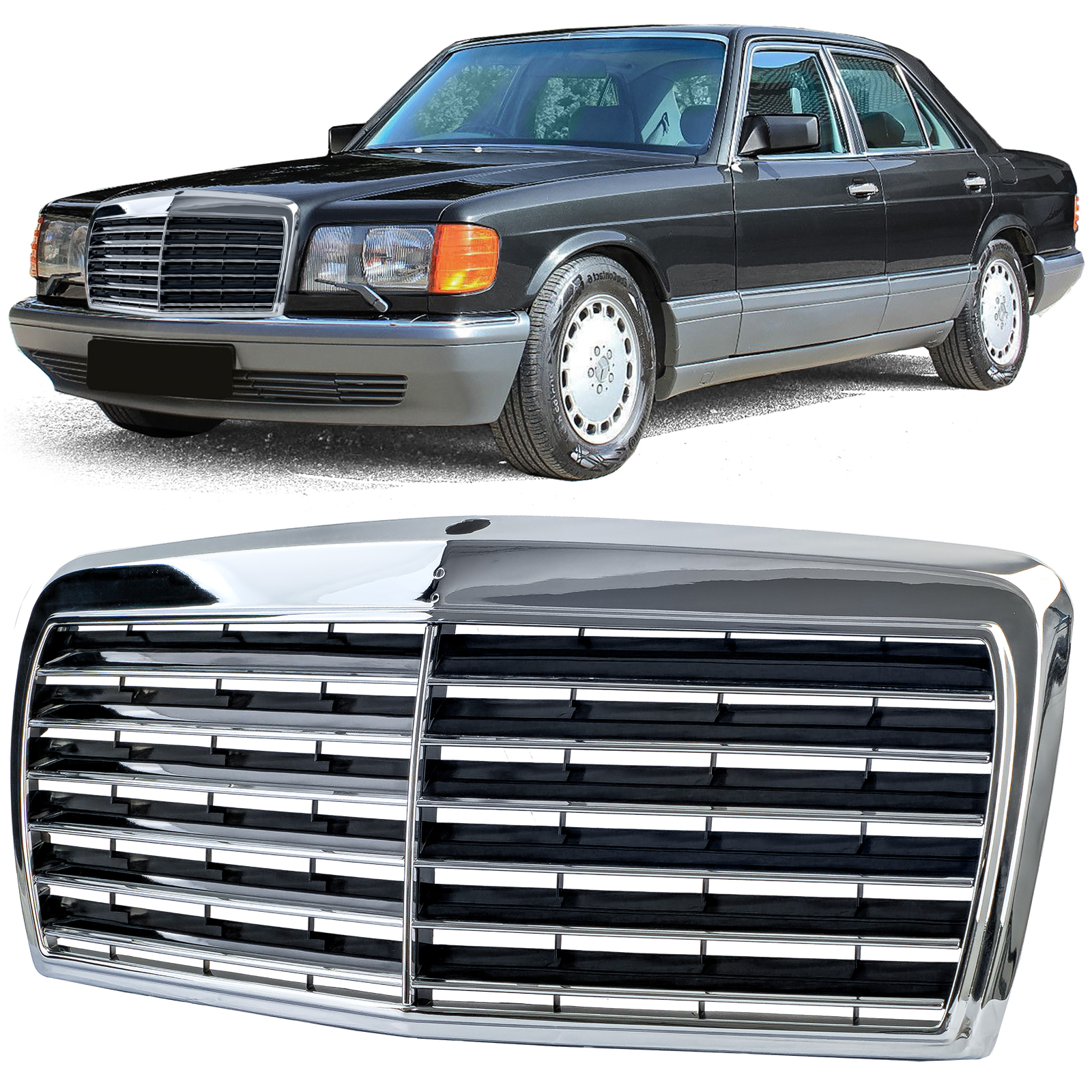 Kühlergrill Grill 12 Rippen Sport Optik Schwarz Chrom für Mercedes W126 C126 1980-1991