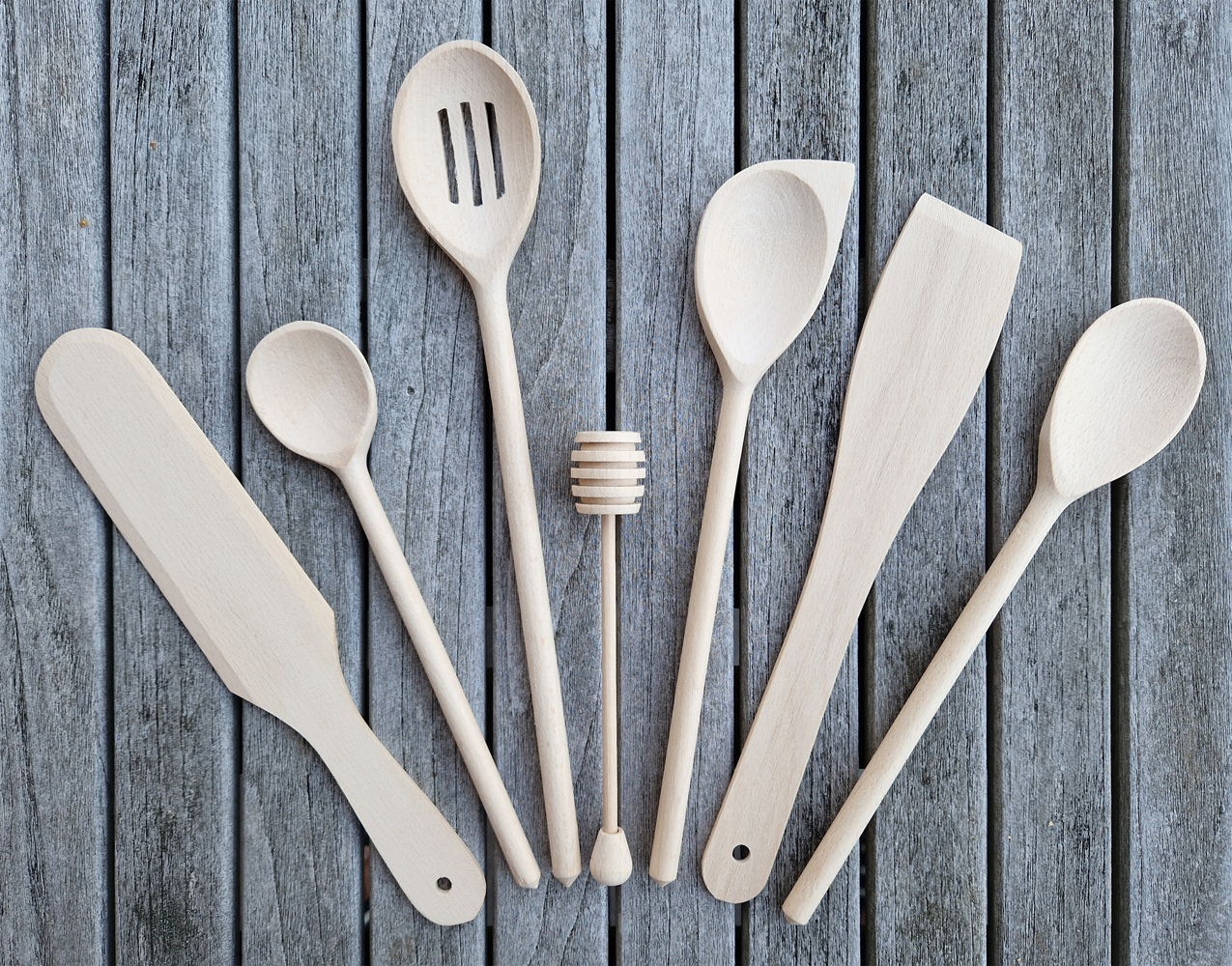 Küchenhelfer 7 tlg. Set Holz Buche (4x Kochlöffel Honiglöffel Pfannen- und Crepes-Wender)