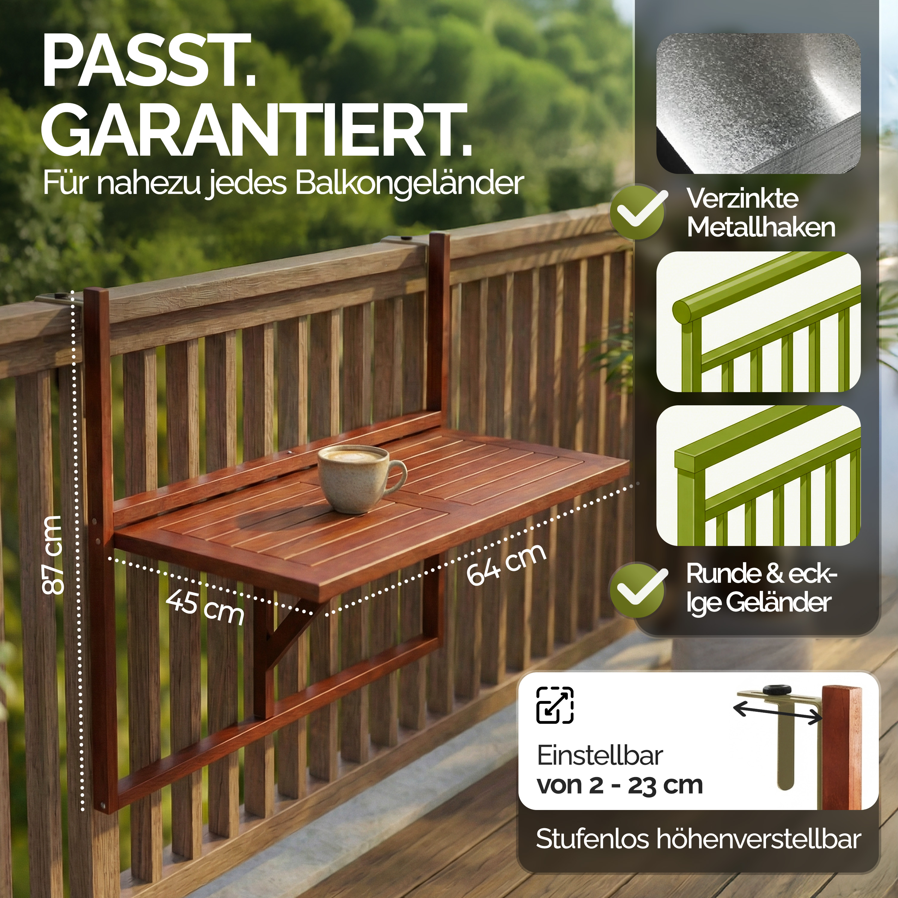 CASARIA® Balkontisch klappbar Hängetisch wetterfest Holz Garten Balkon Geländer