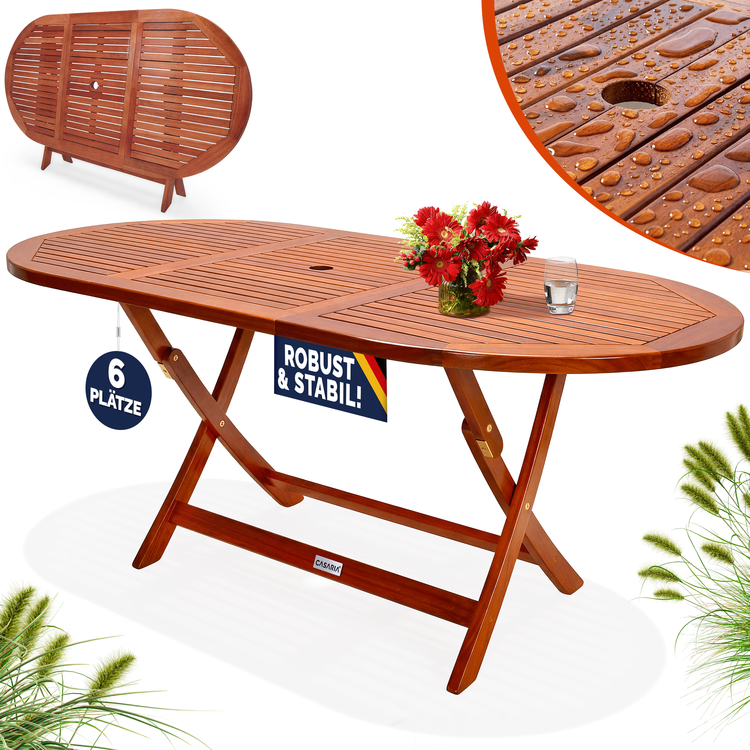CASARIA® Gartentisch Balkontisch Holz Schirmloch Klappbar 160x85cm Balkon Garten