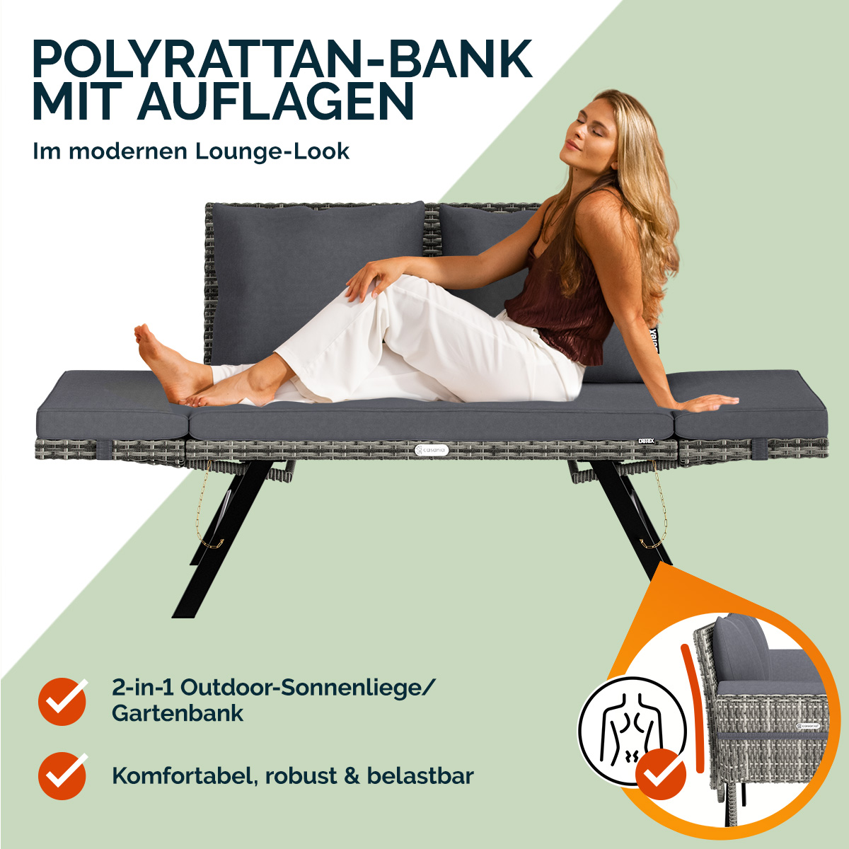 CASARIA® Gartenbank Sonnenliege 3-Sitzer Polyrattan Wetterfest Klappbar Bank