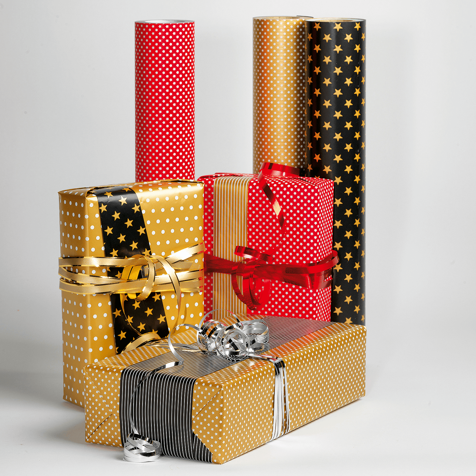 Doppelseitiges Weihnachts-Geschenkpapier in Schwarz & Gold mit Sternen & Punkten – 50 m Geschenkpapier-Rolle - 10