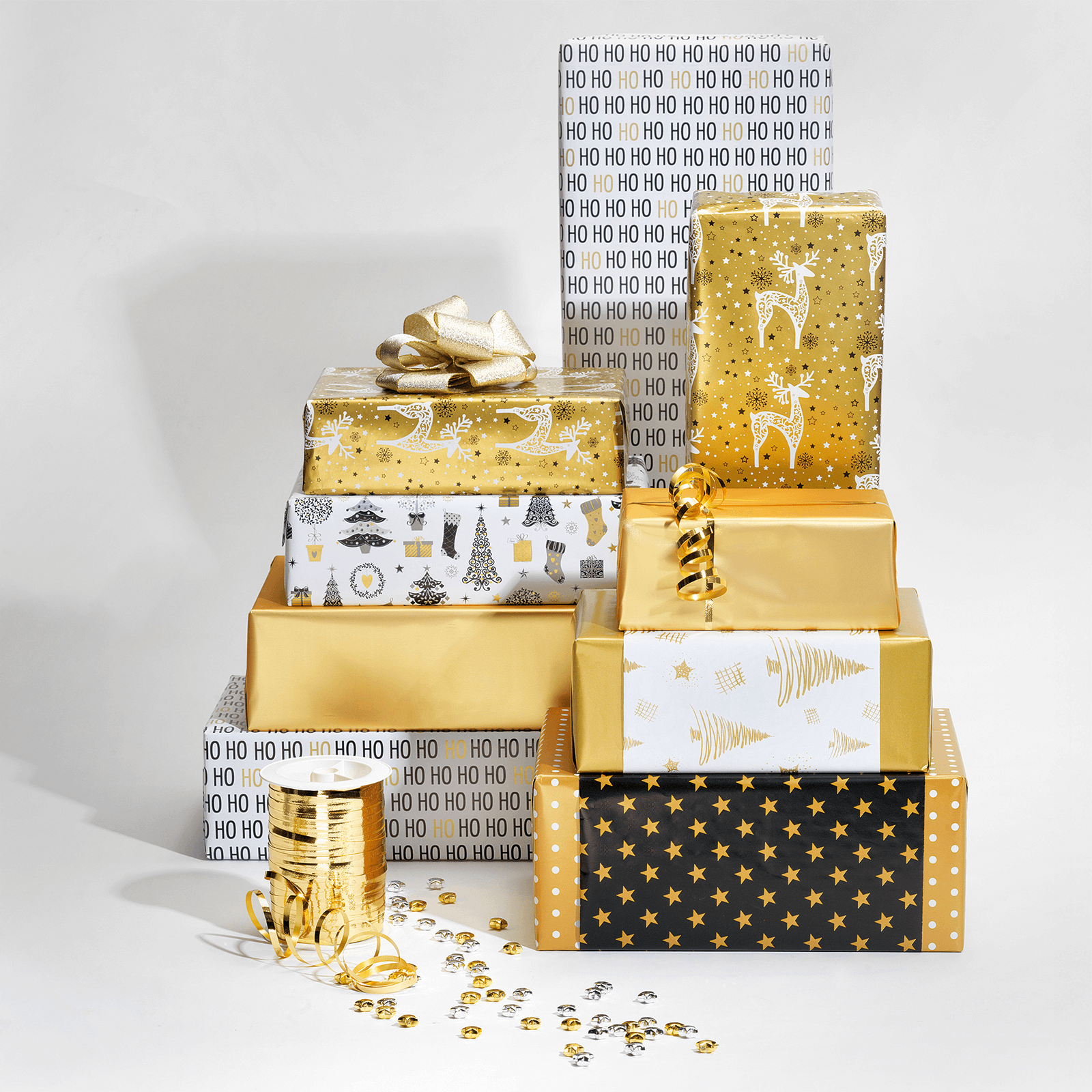 Doppelseitiges Weihnachts-Geschenkpapier in Schwarz & Gold mit Sternen & Punkten – 50 m Geschenkpapier-Rolle - 11