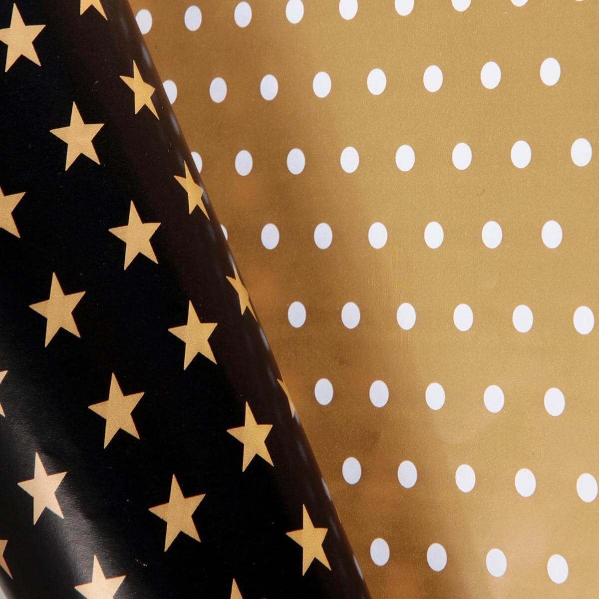 Doppelseitiges Weihnachts-Geschenkpapier in Schwarz & Gold mit Sternen & Punkten – 50 m Geschenkpapier-Rolle - 4