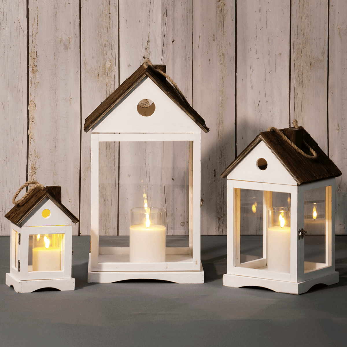 Lantern wooden houses set 3 pieces white brown - 4 Lantern wooden houses set 3 pieces white brown - 4