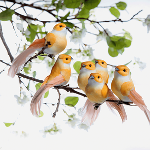 Aves decorativas, color naranja, 10 cm, 6 piezas
