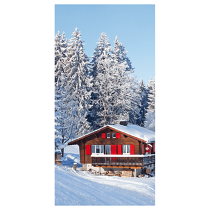 Bannière en tissu ignifugé "chalet de ski avec volets rouges" en tissu pour drapeau 100 x 200 cm