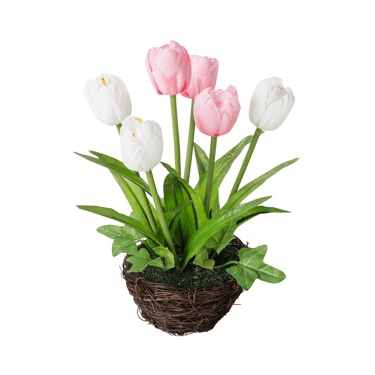 Artificial tulips in basket pink - white, 20 cm - 0