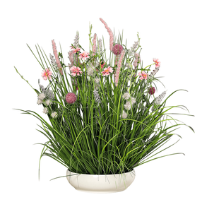 Arreglo Floral Artificial Pradera Rosa en Tazón Blanco 58 cm