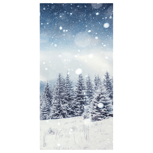 Schwer entflammbarer Stoffbanner "Verschneiter Tannenwald" aus Fahnenstoff 100 x 200 cm
