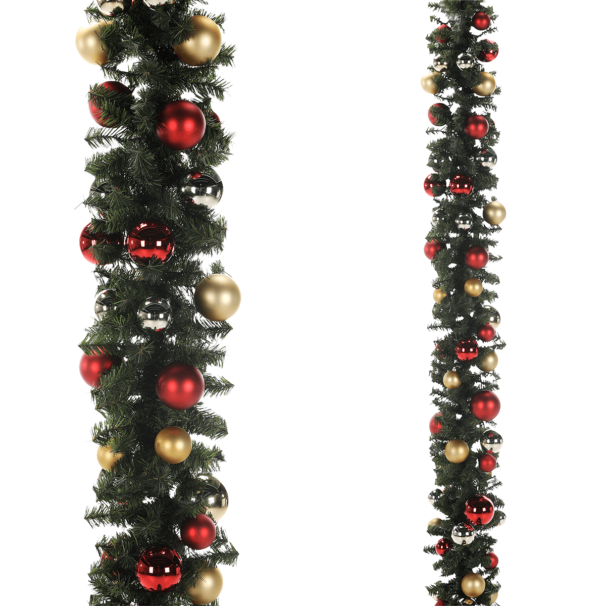 Künstliche Tannengirlande mit rot-goldenen Weihnachtskugeln