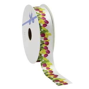Ruban cadeau en satin avec motif de tulipes, 23 mm, 20 m