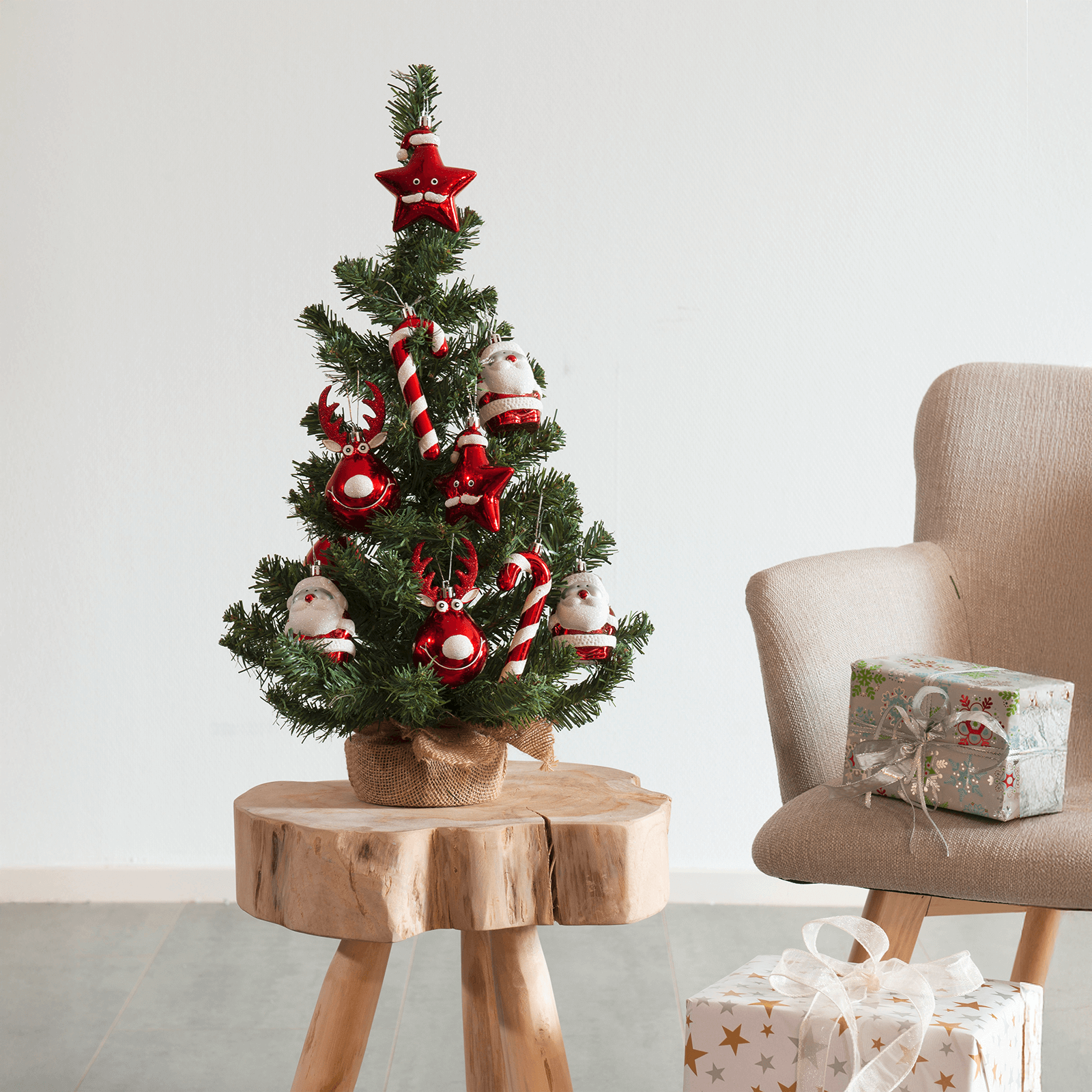 Árbol de Navidad artificial DIY con adornos rojos, 60 cm - 0