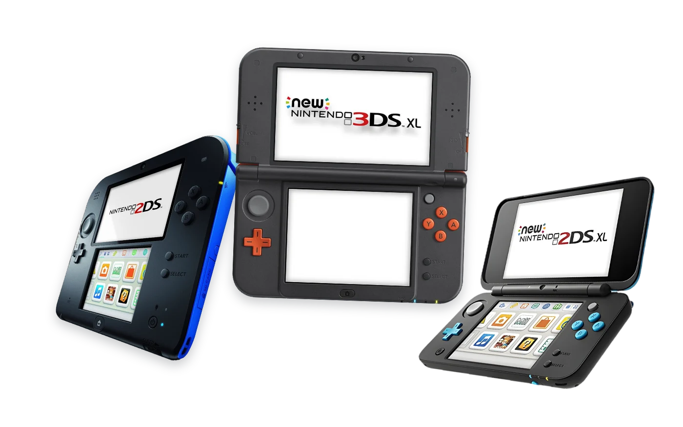 Nintendo 2DS in Schwarz-Blau, New Nintendo 3DS XL in Orange-Schwarz und New Nintendo 2DS XL in Schwarz-Türkis