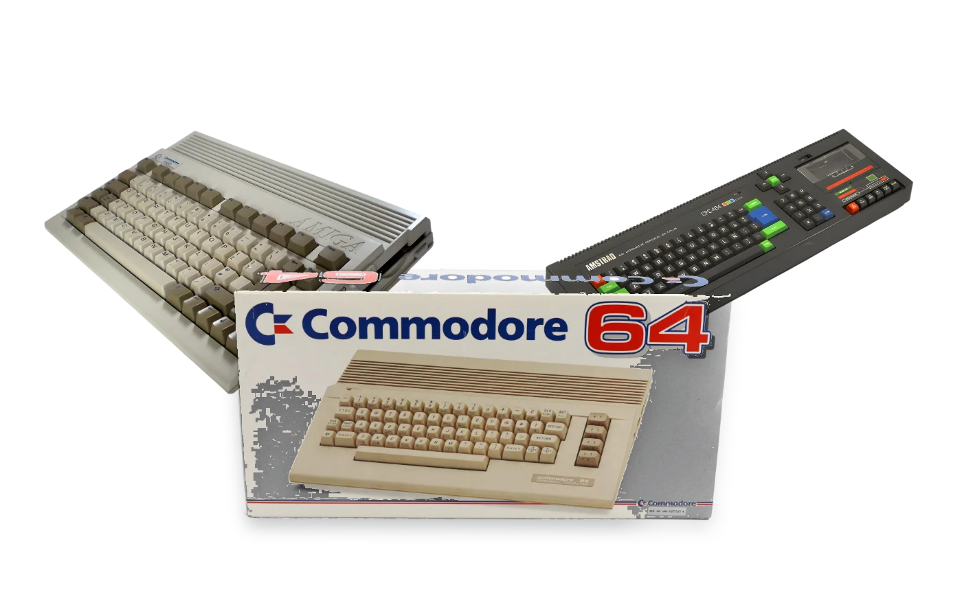 Commodore 64 in der Originalverpackung, Amiga 600 und Schneider CPC 464