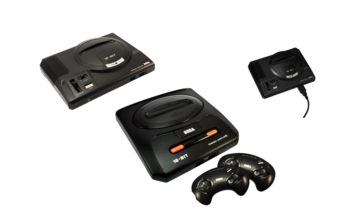 Sega Mega Drive 1, Mega Drive 2 mit Controller und Sega Mega Drive Mini