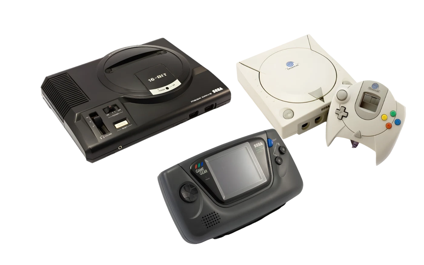 Sega Mega Drive, Dreamcast mit Controller und Game Gear