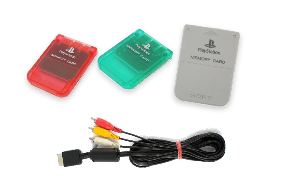 Original Memory Cards in Rot-Transparent, Grün-Transparent und Grau und ein AV-Kabel